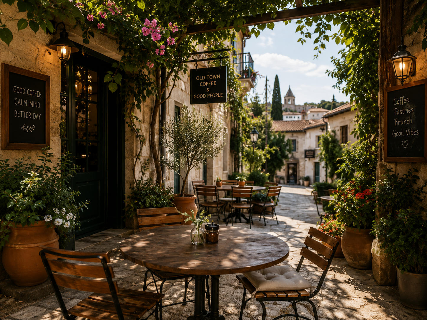 Sun-dappled café courtyard with wooden tables under vine-covered archways