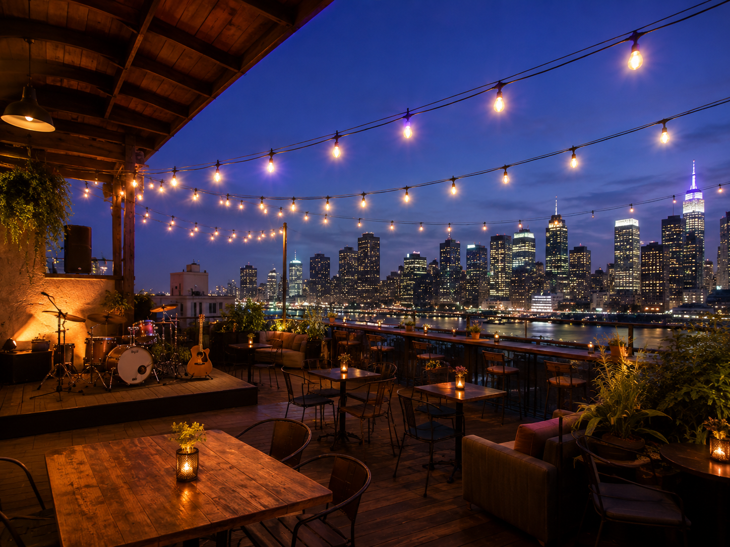 Rooftop terrace at night strung with string lights, overlooking a lit-up city skyline